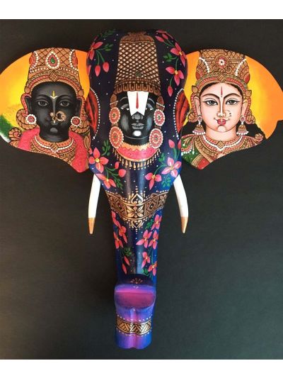 Balaji Wooden Elephant Head with Goddesses