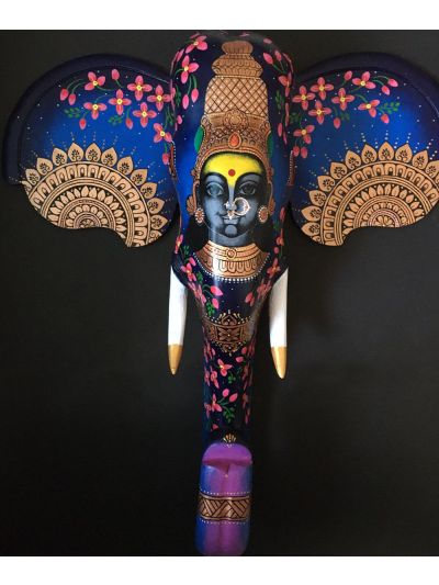 Blue Durga Wooden Elephant Head