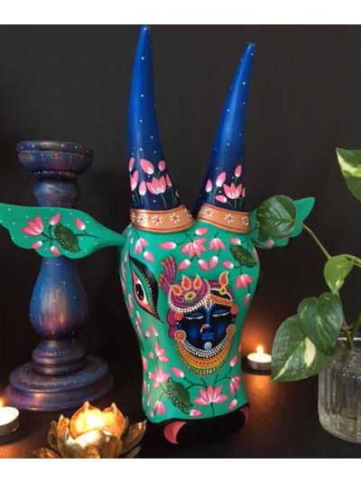 Green Pichwai Wooden Cow Head