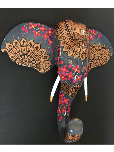 Grey Mandala Wooden Elephant Head