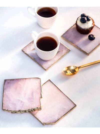 Rose Quartz Coasters with Gold Trim