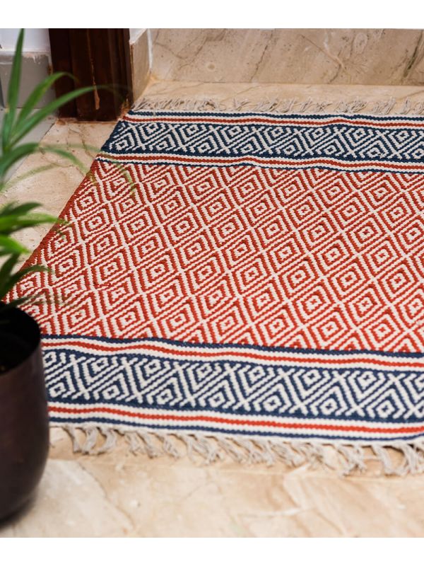 Diamond pattern rug | Buy red and blue rug online | Kalpané