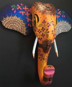 Orange Mandala Wooden Elephant Head