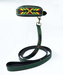 Macbeth - Green leather collar and leash for dogs with beadwork