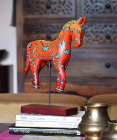 Hand Painted Orange Wooden Horse on stand 