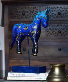 Hand Painted Blue Wooden Horse on stand 