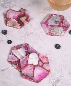 Pink Agate Hexagonal Coaster Set - Polished Edges (Set Of 4)