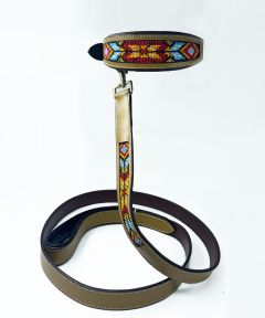 Raja – Tan leather collar and leash for dogs with beadwork