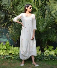 Petal White Embroidered Draped Kurta