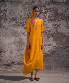 Surya Yellow Draped Dress With Embroidery